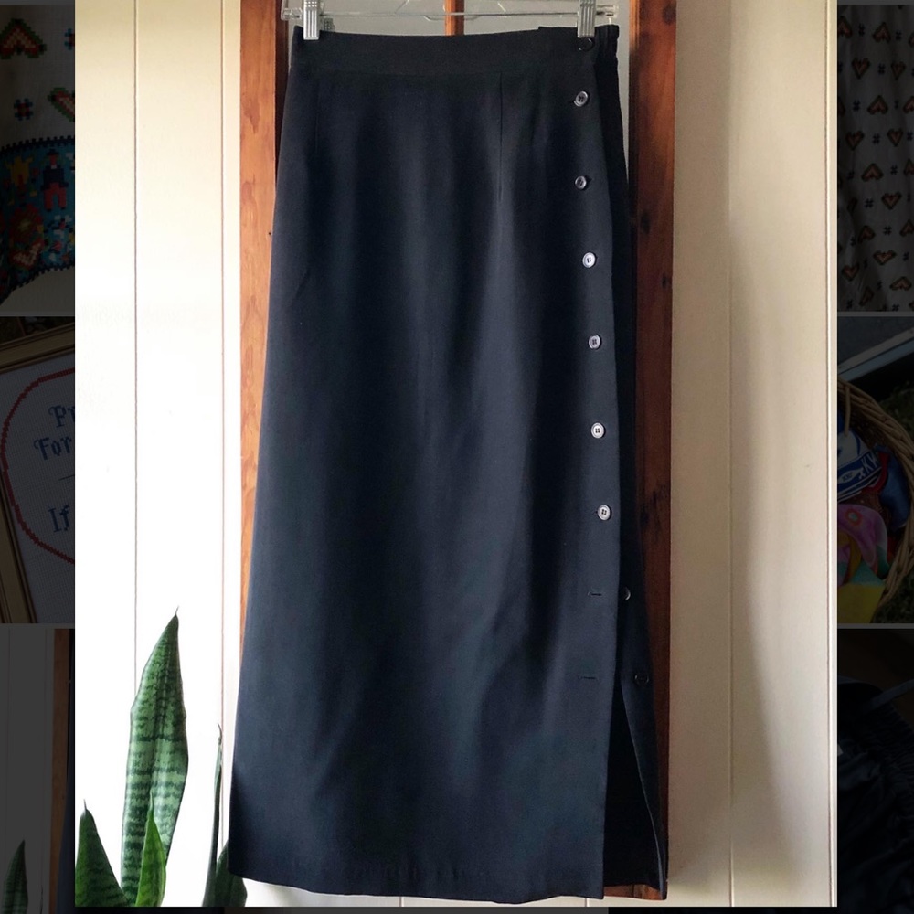 Vintage 90s Black 100% Silk Maxi Button Skirt